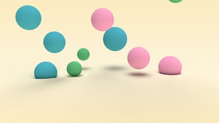 3D rendering of many colored balls of different sizes on a beige surface and in the space above the half-surface. Abstract background, futuristic design, desktop image, abstract compositions.