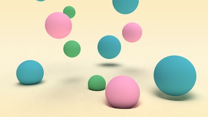 3D rendering of many colored balls of different sizes on a beige surface and in the space above the half-surface. Abstract background, futuristic design, desktop image, abstract compositions.
