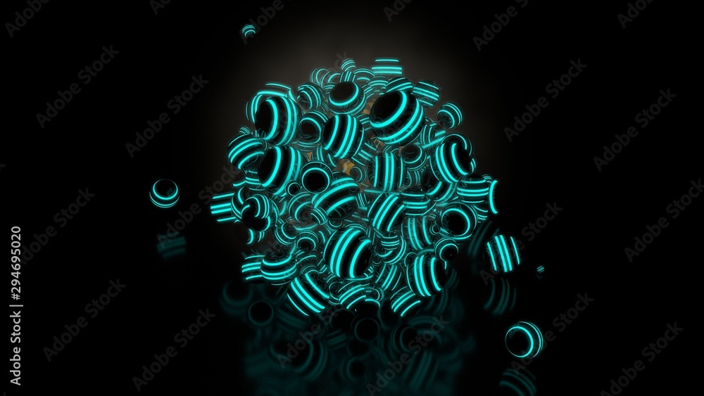 Poster 3d rendering of a set of glowing balls with blue fluorescent stripes on a black background and a bla