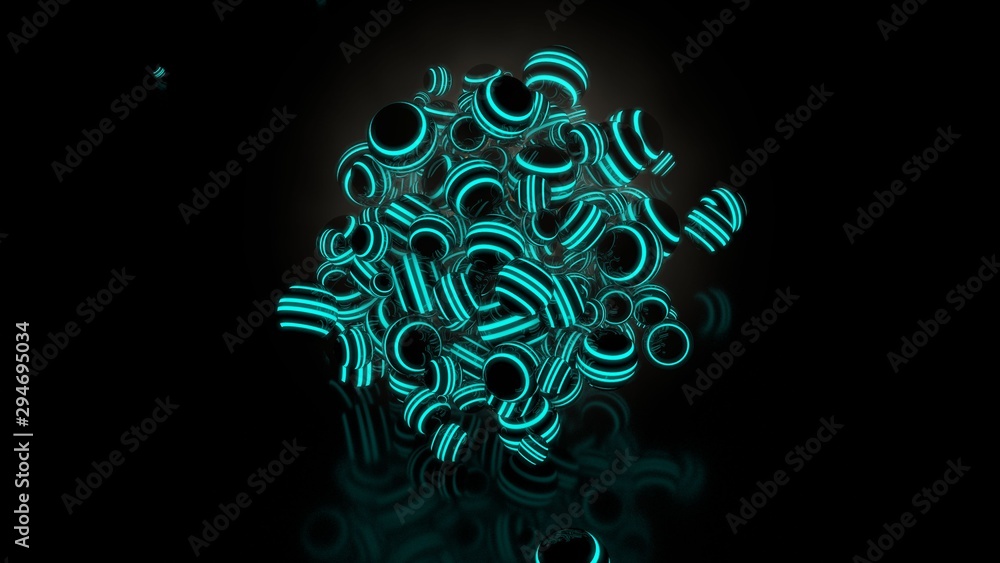Poster 3d rendering of a set of glowing balls with blue fluorescent stripes on a black background and a bla