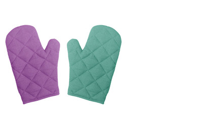 Pair of colorful oven gloves on white background