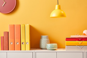 Colorful office interior with various supplies