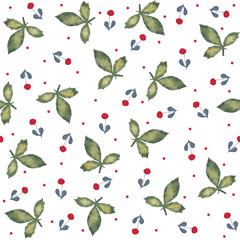 Red flowers and green leaves on a white seamless background. Use for invitations, greetings, birthdays and weddings.