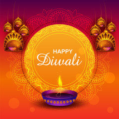 illustration of burning diya on happy Diwali Holiday background for light festival of India