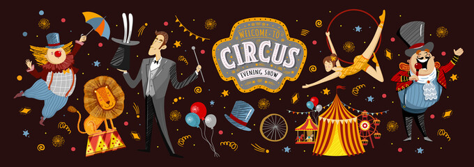 Circus! Vector illustrations on a poster or banner for a circus show with gymnast, magician, animal lion, host, entertainer and clowns, isolated objects and elements Welcome to the show! © Ardea-studio
