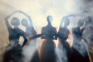 Ballerinas in dresses posing in darkness