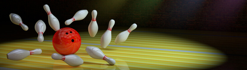 Bowling strike with pins and ball.