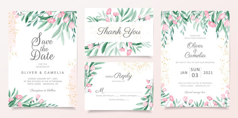 Romantic floral wedding invitation card template set with watercolor flowers, leaves, and golden decorative. Botanical card background set