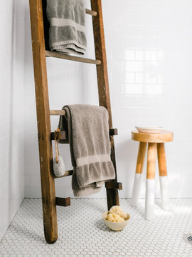 Towels Hanging On Vintage Wooden Ladder