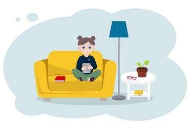 Fototapeta premium Girl with ebook on couch at home. Vector flat illustration.