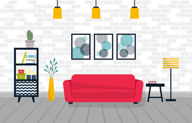Vector illustration of living room with furniture. Cozy interior with sofa, shelving, table, vase and lamp