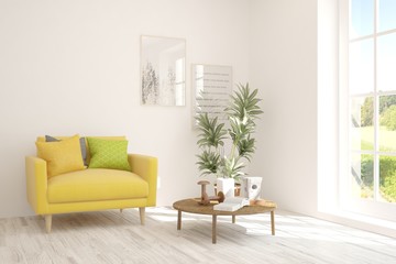 Stylish room in white color with yellow armchair. Scandinavian interior design. 3D illustration