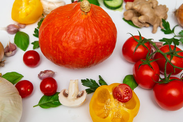 Autumn vegetables on white background. Vegetable background.