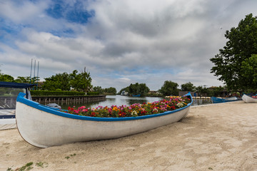 Fototapeta na wymiar Boat with flowers in a touristic village
