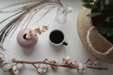 Still life autumn interior cup of coffee with white background