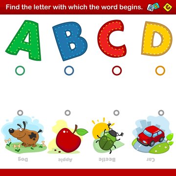 A set of illustrations for children where you need to combine the letter A, B, C and D with the beginning of the words in the pictures with a picture of a dog, an apple, a beetle and a car. Entertainm