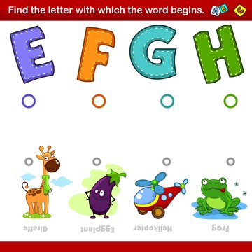 A set of illustrations for children where you need to combine the letter E, F, G and H with the beginning of the words in the pictures with the image of a giraffe, eggplant, helicopter and frog. Enter