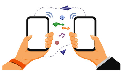 People sending and receiving money, e-money, multimedia, share music, game Flat style vector icons.