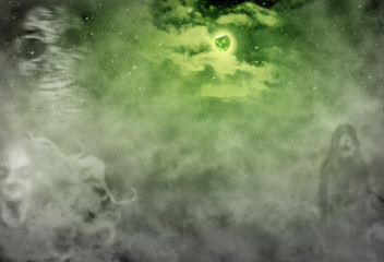 Starry night sky with a green moon in the form of a terrible pumpkin. Green light from a creepy pumpkin on Halloween night. Creepy ghosts in the fog.