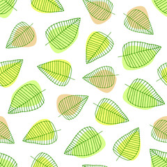 Hand drawn leaves on white background seamless pattern. Vector illustration in doodle style, scandinavian. Design for fabric, textile, wallpaper.