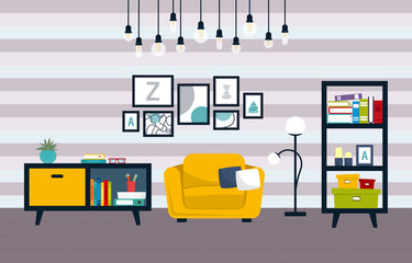 Living room in flat style. Home illustration with chair, coffee table, lamp, books and other decor accessories