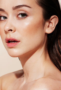 Woman in sunny beauty portrait closeup