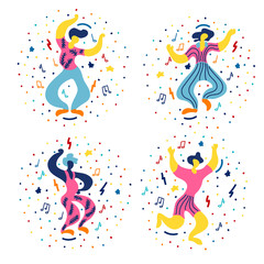 Vector flat illustration with doodledancing men. Bright color trendy design for print, textile, postcard, advertising, music festivals