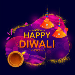 illustration of burning diya on happy Diwali Holiday background for light festival of India
