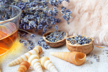 Lavender herbal tea, Flowers in walnut shell, Alternative medicine, Background