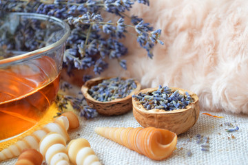 Lavender herbal tea, Flowers in walnut shell, Alternative medicine, Background