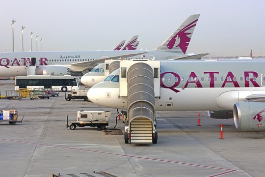 DOHA, QATAR -17 JUN 2019- View of airplanes from Qatar Airways (QR) at the Hamad International Airport (DOH) in Doha, the hub for national carrier Qatar Airways.