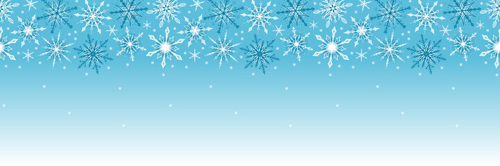 Fototapeta na wymiar Christmas and New Year Web Banner. Winter Holiday Card Horizontal Seamless Border of Snowflakes. Snow Poster with Copy Space. Blue Background