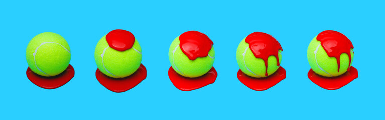Tennis Ball in Red Puddle on Light Blue