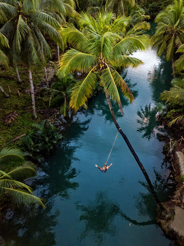 Man swinging from a palm tree in Siargao