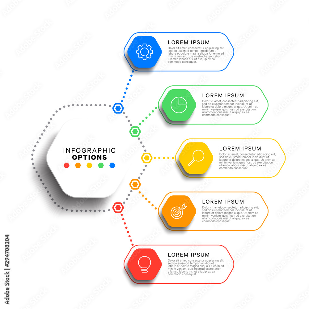 Aufkleber 5 steps infographic template with realistic hexagonal elements on white background. business process