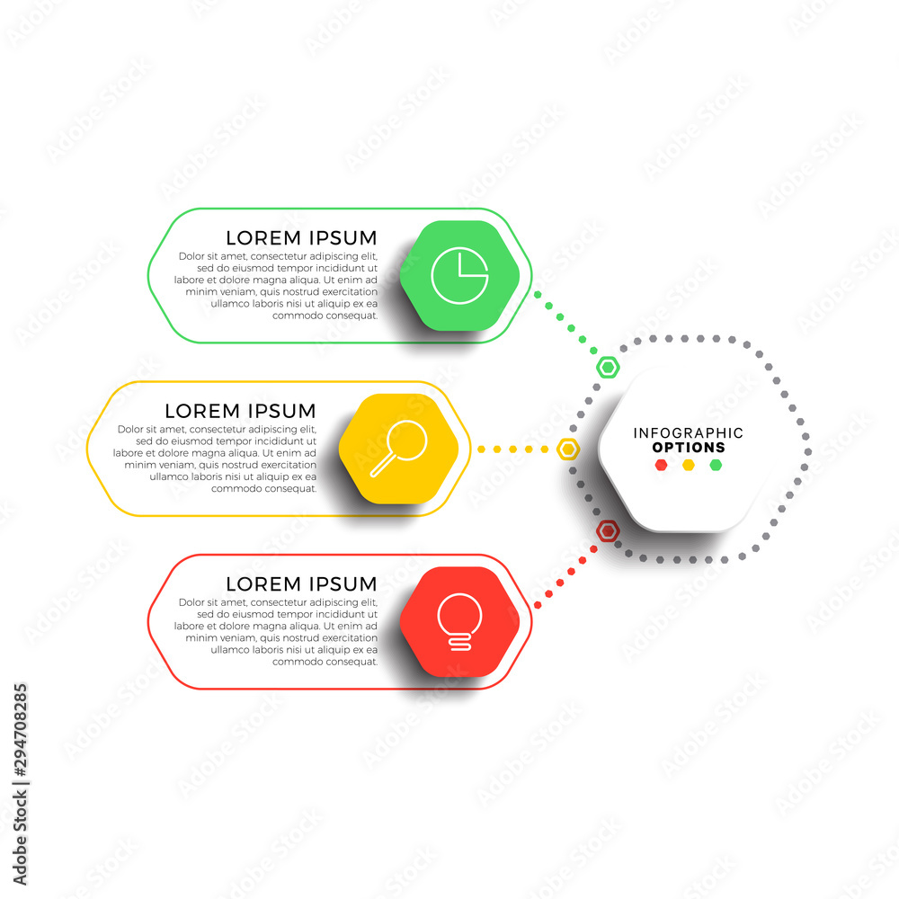 Aufkleber 3 steps infographic template with realistic hexagonal elements on white background. business process