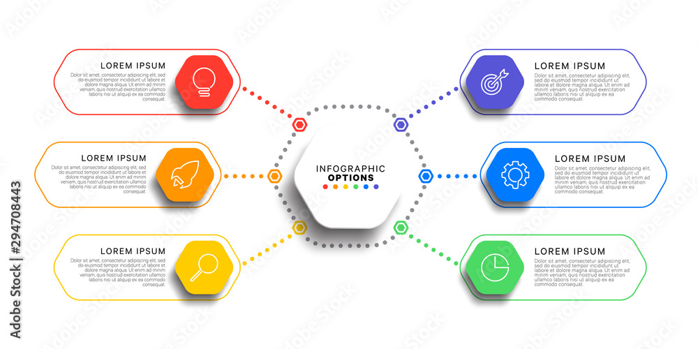 Aufkleber 6 steps infographic template with realistic hexagonal elements on white background. business process