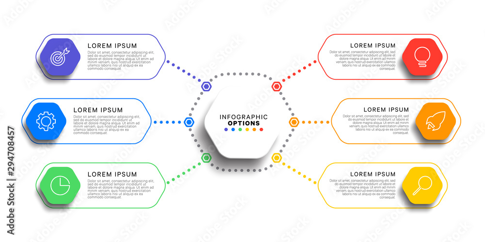 Poster 6 steps infographic template with realistic hexagonal elements on white background. business process