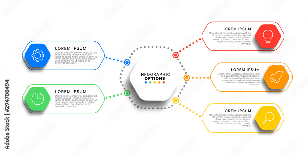 Aufkleber 5 steps infographic template with realistic hexagonal elements on white background. business process