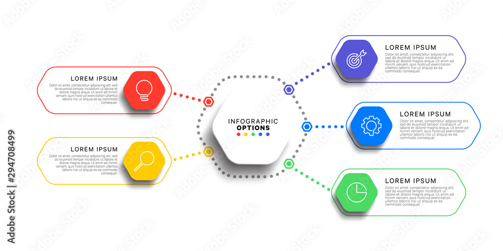 Aufkleber 5 steps infographic template with realistic hexagonal elements on white background. business process