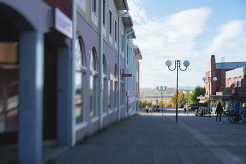 Fototapeta na wymiar Summer sunny view of Kiruna streets, the northernmost town in Sweden, province of Lapland, Norrbotten County