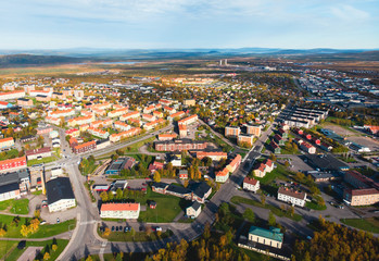 Aerial summer sunny view of Kiruna, the northernmost town in Sweden, province of Lapland, Norrbotten County, picture shot from drone