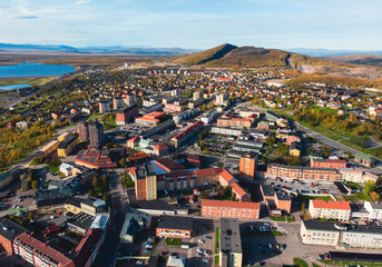 Aerial summer sunny view of Kiruna, the northernmost town in Sweden, province of Lapland, Norrbotten County, picture shot from drone