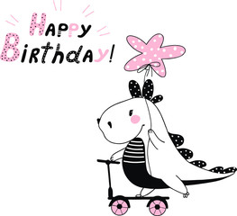 vector drawing of a cute dinosaur on a birthday with a scooter and a balloon