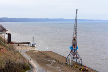 Tetyushi, Tatarstan / Russia - May 2, 2019: Top view of the empty industrial pier with cargo...