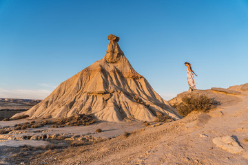 Lifestyle session of a blonde and thin model in Castildepiedra de las Bardenas, Navarra. Spain