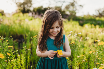 Mid-level view of little girl holding flower and smiling looking down