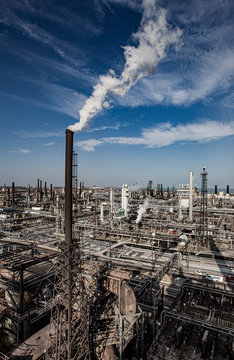 Aerial of refinery with blue sky