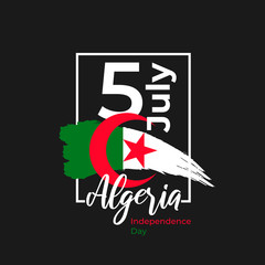 Algeria Independence day - 5 st July. Greeting card, poster, banner template on black. Celebration background national Algeria watercolor ink brush flag and numeral 5. Vector illustration