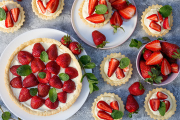 Strawberry tart with cream and mint traditional summer sweet pastry fruit dessert